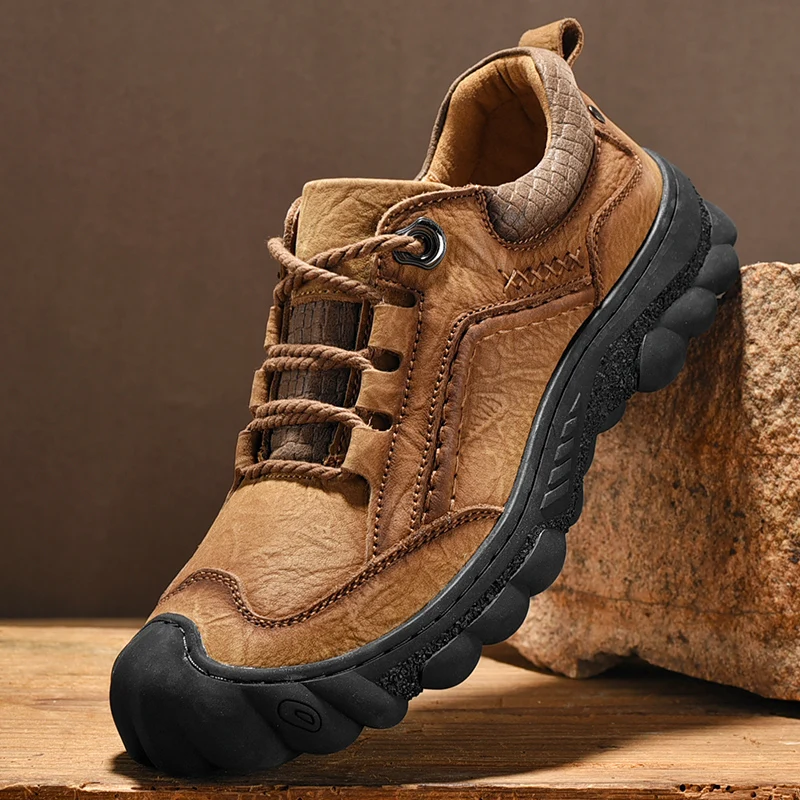 

Men Handmade Genuine Leather Casual Shoes Handsewn Classic Outdoor Mountaineer Travel Hiking Climbing Driving Leisure Lace-Up