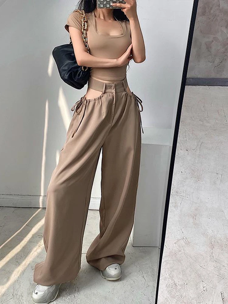 

Women Korean Street Wide Leg Pants Sexy Casual Loose Hollow Out High Waist Straight Trousers 2023 New Spring Summer Female Pant