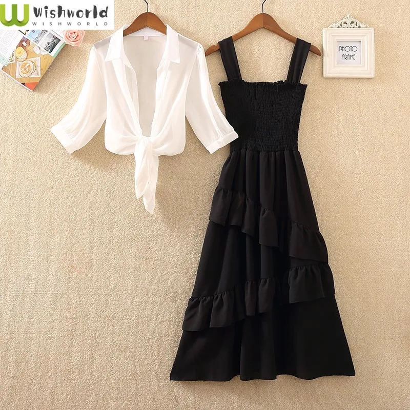 

Spring/Summer Fashion Women's Set 2023 Korean Version Retro Waist Ruffled Edge Sling with Reduced Age Casual Dress Two Piece Set