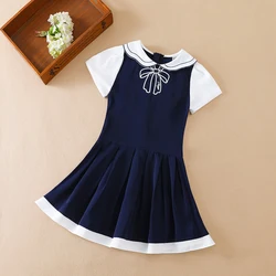 Navy Blue Pleated Girls' Dress with White Collar and Bow - 12T (Navy)