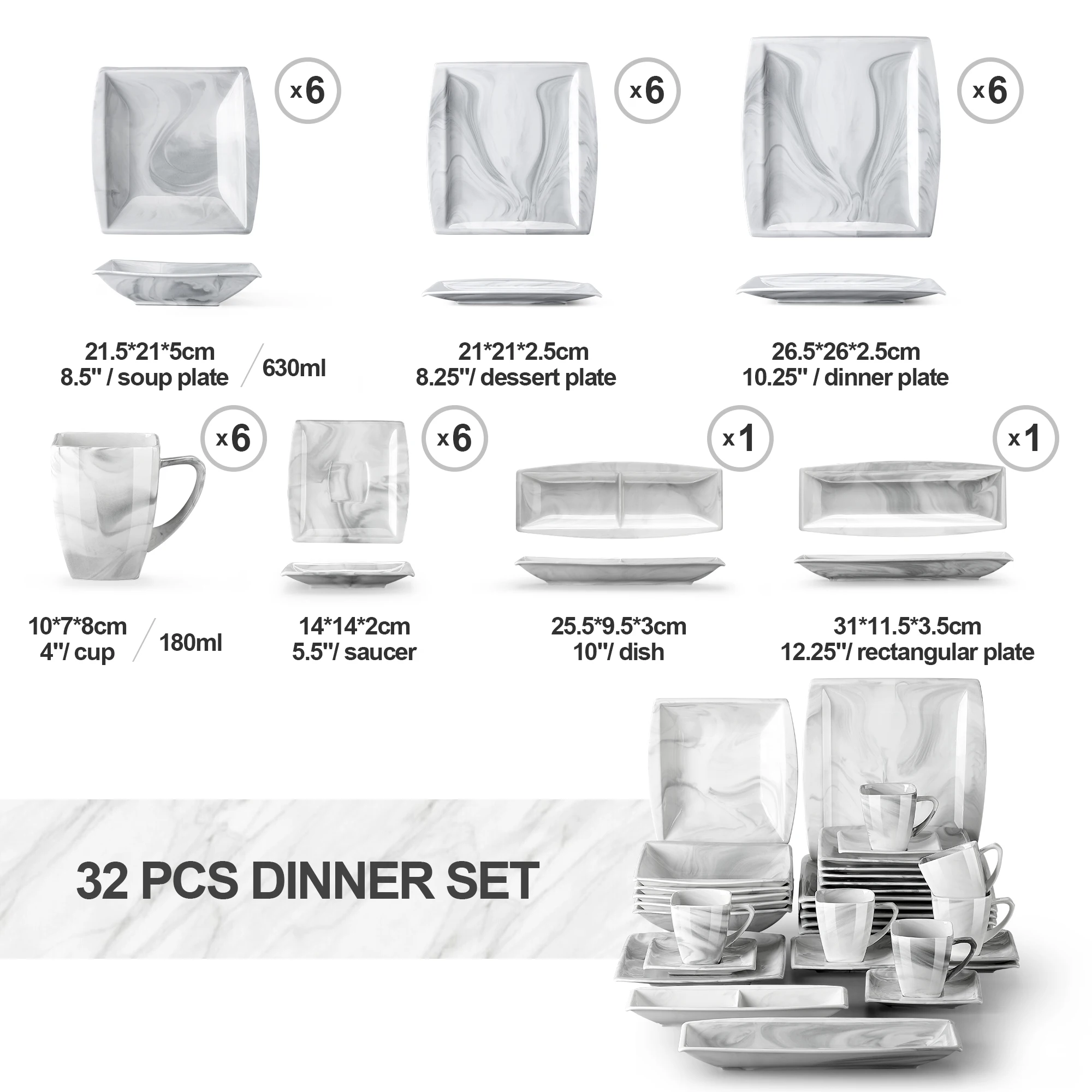 MALACASA Blance Marble Grey Porcelain Dinnerware Set with Cups