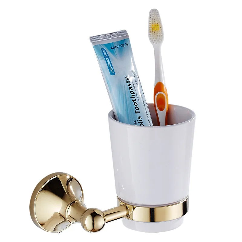 Simple retro toothbrush cup holder brass antique golden ceramic cup New bathroom pendant mouthwash toothbrush