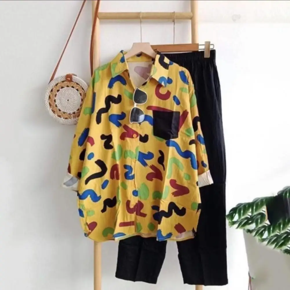 

2 Pcs/Set Chic Patch Pocket Women Shirt Pants Set Cardigan Deep Crotch Summer Vacation Blouse Pants Suit Match Shoes