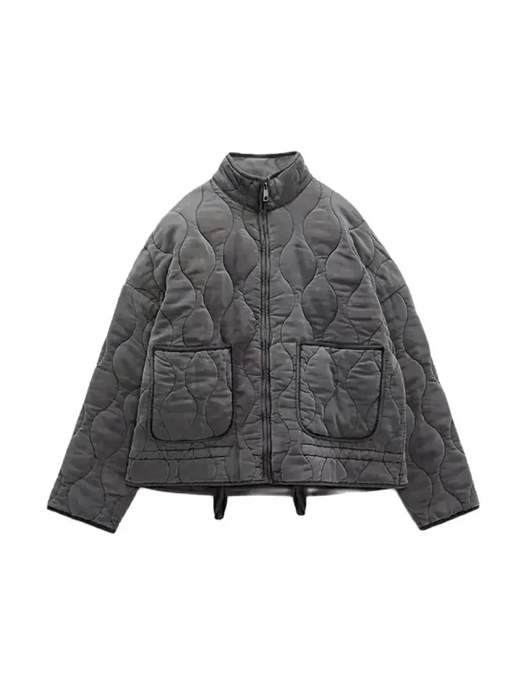 Women's Diamond Check Cotton Jacket Round Neck Loose Long Sleeve Zip Cotton Jacket Vintage Street Fashion Pocket Warm Top 4