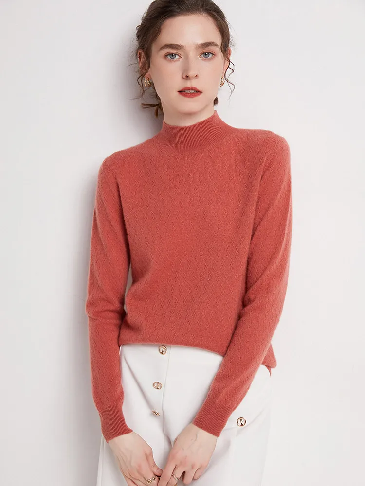 

Autumn Winter Women Sweater Mock Neck Long Sleeve Pullover 100% Merino Wool Soft Basic Bottoming Knitwear Female Clothing Tops