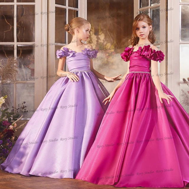 Cute Fuchsia Flower Girl Dresses Floral Ball Gown Birthday Party Dress for  Girls Floor Length Satin Lilac Kids Pageant Gown - AliExpress