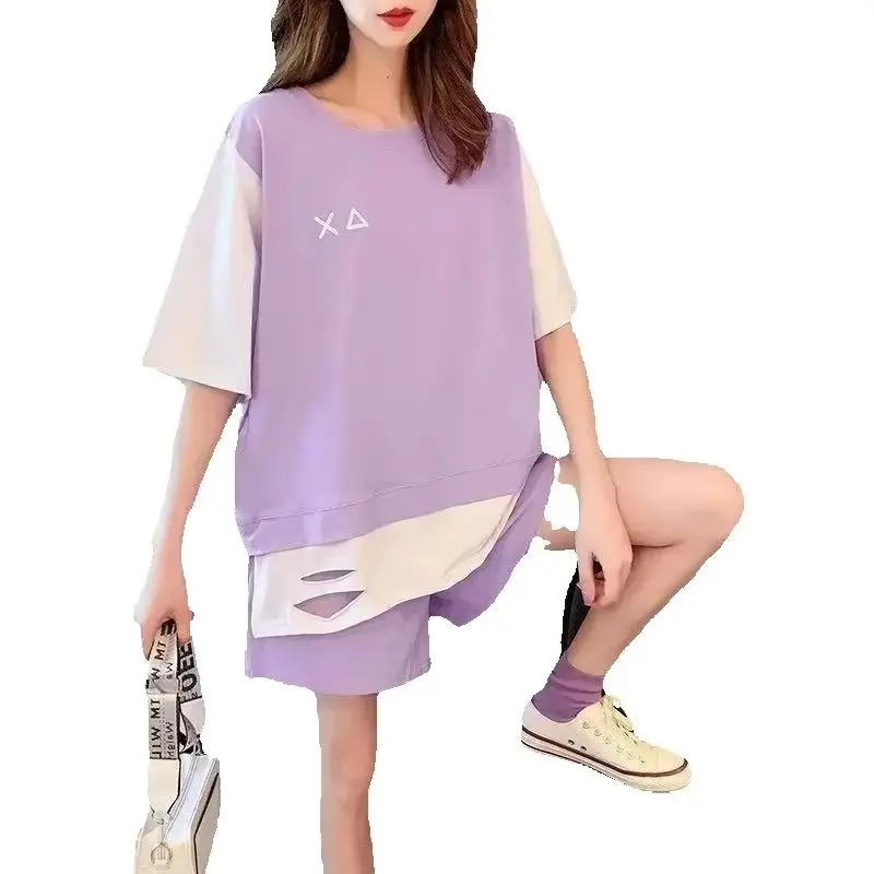 Women's Casual plus Size 2 Two-Piece Sports Suit Summer New T-Shirt Loose Crop Tops And Shorts Set Student Active Wear Clothing 5