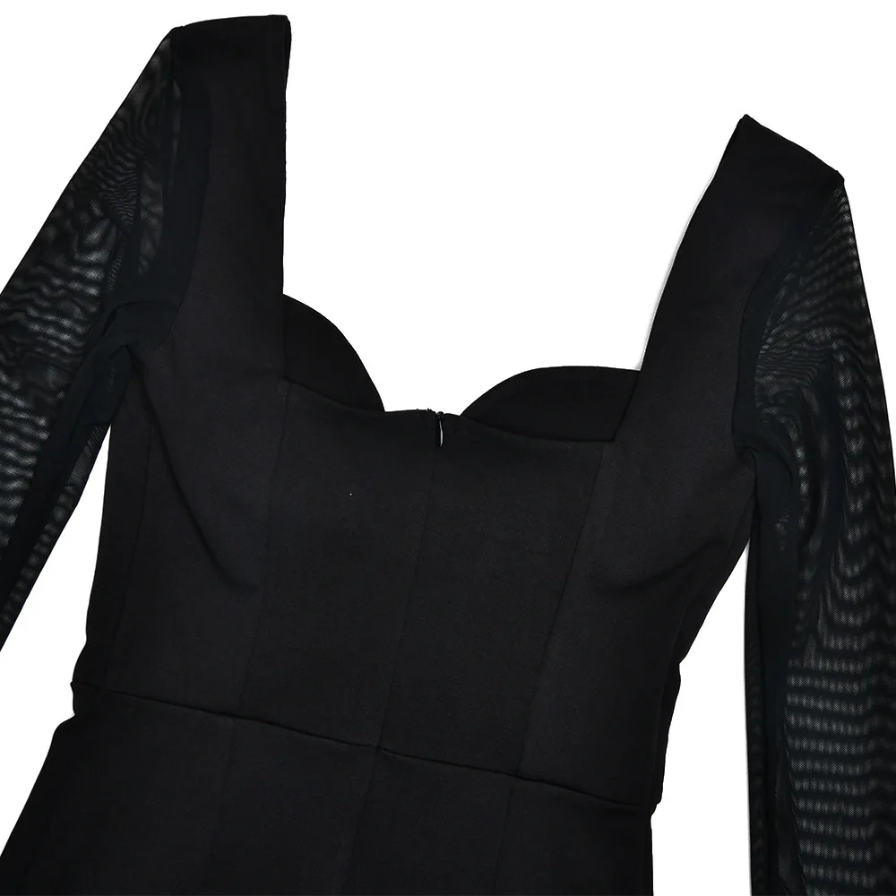 Elegant Long Sleeve Mesh Patchwork Zipper Tight Dress Women Sexy Deep V-Back Short Skirt Party Club Evening Dress 2025