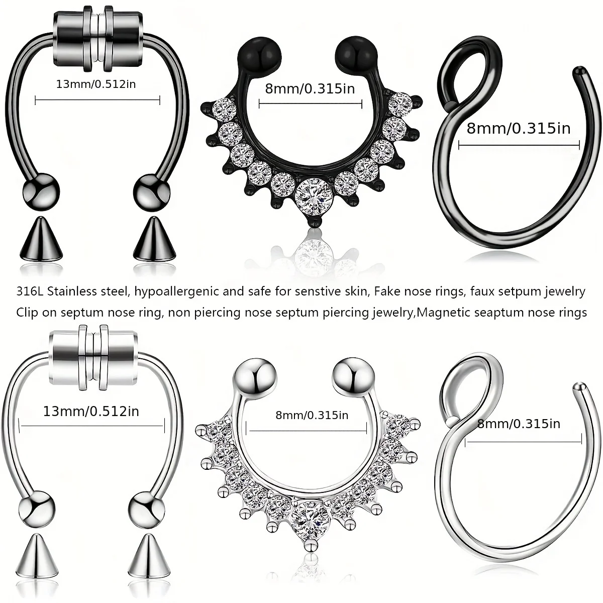1Pcs/3Pcs Men Stainless Steel Fake Nose Ring Set Fake Nose Septum Ring Magnetic Non-Piercing Cartilage Earring For Woman