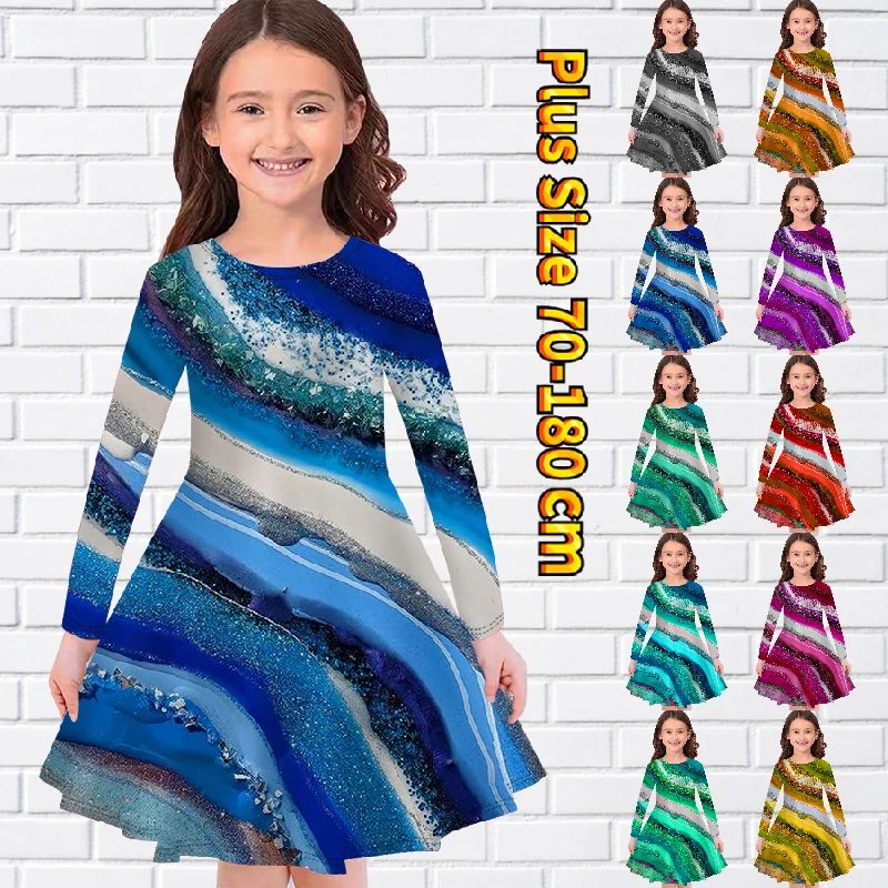 

2022 Little Girl Abstract Printing Princess Dress Autumn Winter Round Neck Long Sleeve Skirt Loose Midi Skirt Knee-length Skirt
