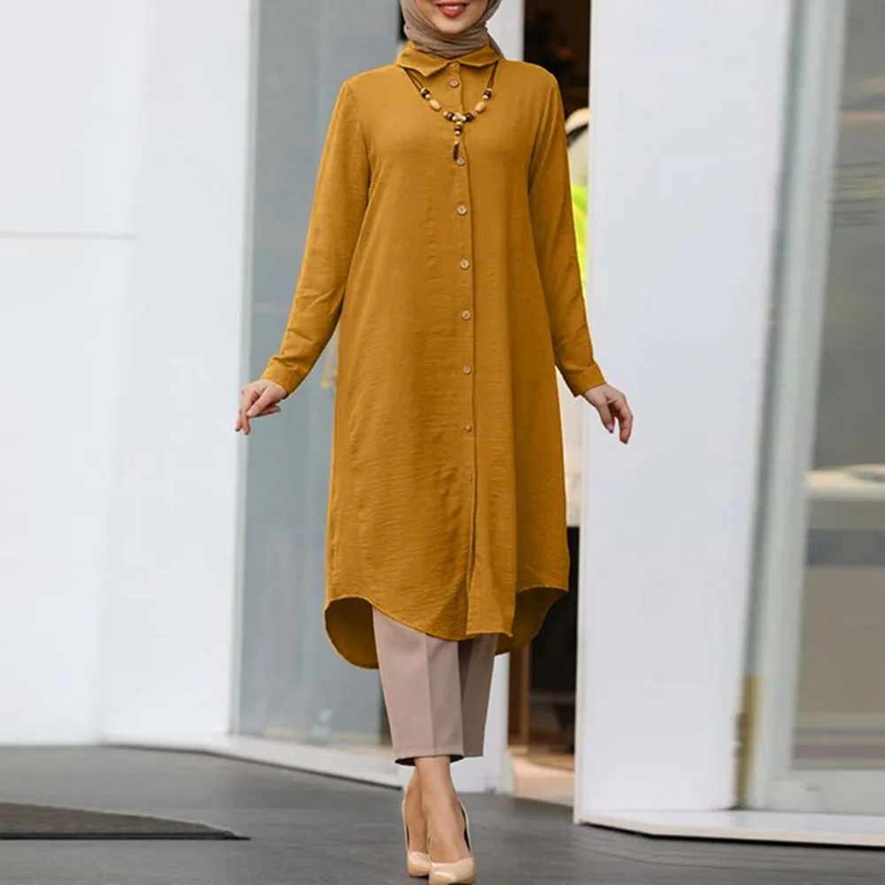 Muslim Solid Mid-Length Shirt Dress For Women Dubai Abaya Fashion Single-Breasted Long Shirt Top Turkey Arab Islam Dresses