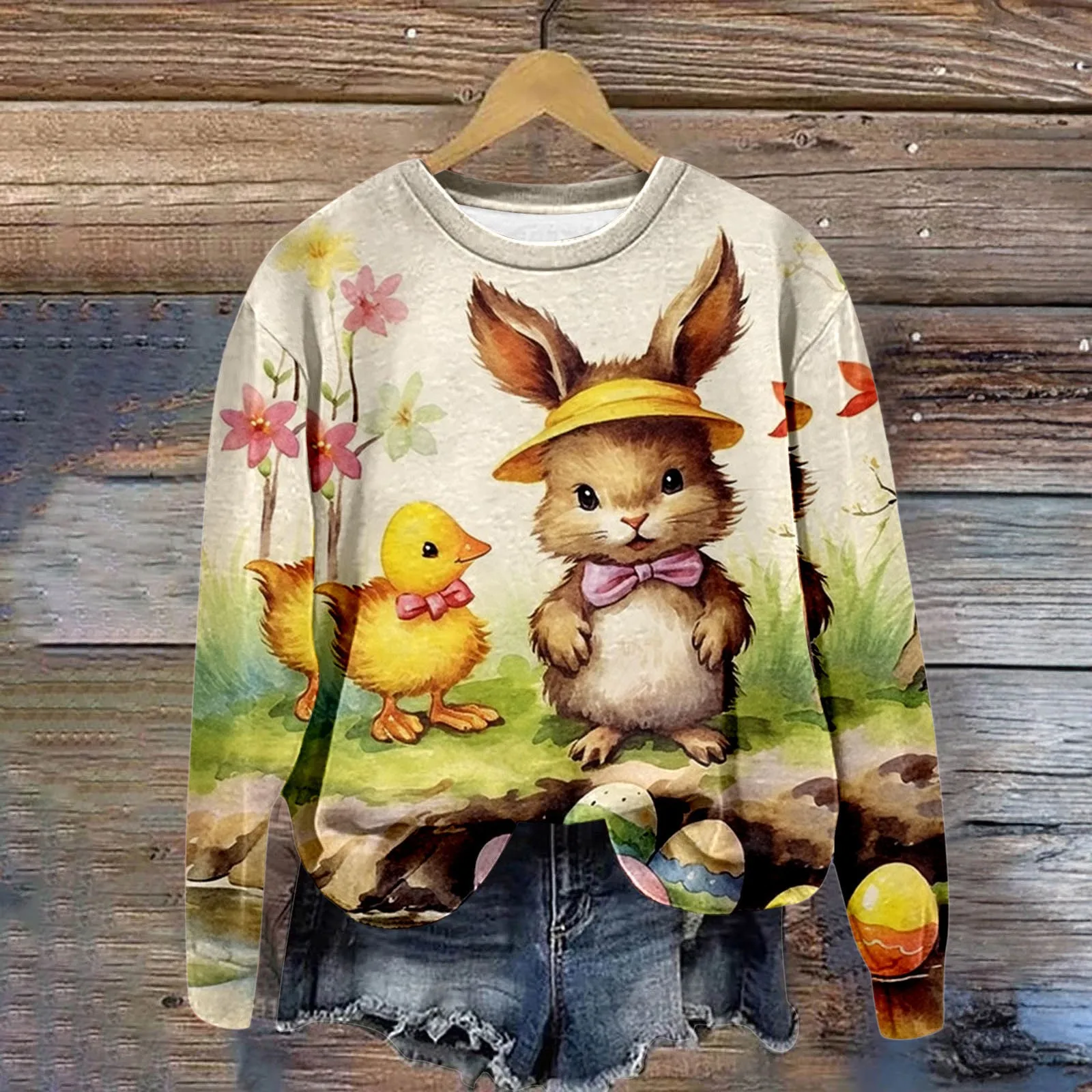 Womens Easter Bunny Egg Print Crew Neck Sweatshirt Graphics Outfit Pullover Tops Women Casual Long Sleeve Workout Costume Shirts