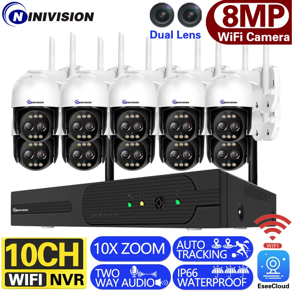 

10CH Wi-Fi NVR Камера Безопасности EseeCloud система 4K 10X зум автослежение беспроводные 360 ° PTZ контроль комплект сетевого видеонаблюдения