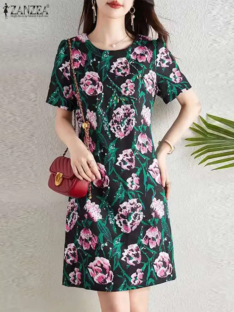 ZANZEA Women's Dresses Vintage Holiday Floral Short Sleeve O-Neck Casual Cotton Linen Loose Midi Dress #7 | Singapore - Foto 9