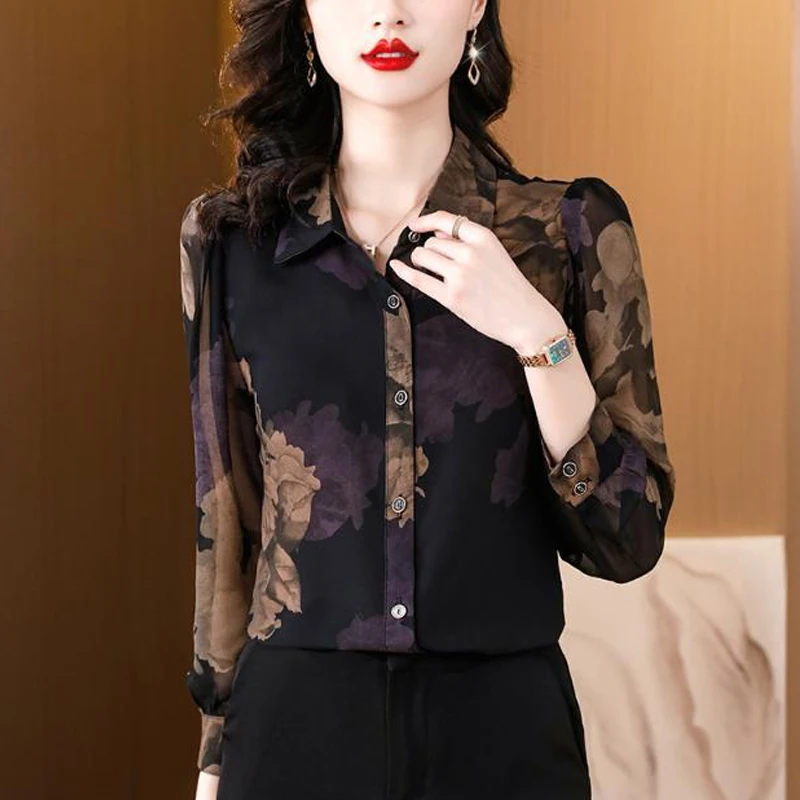 

Spring Autumn New POLO Collar Fashion Long Sleeve Shirt Women High Street Printing Casual Button Cardigan Elegant Chic Tops