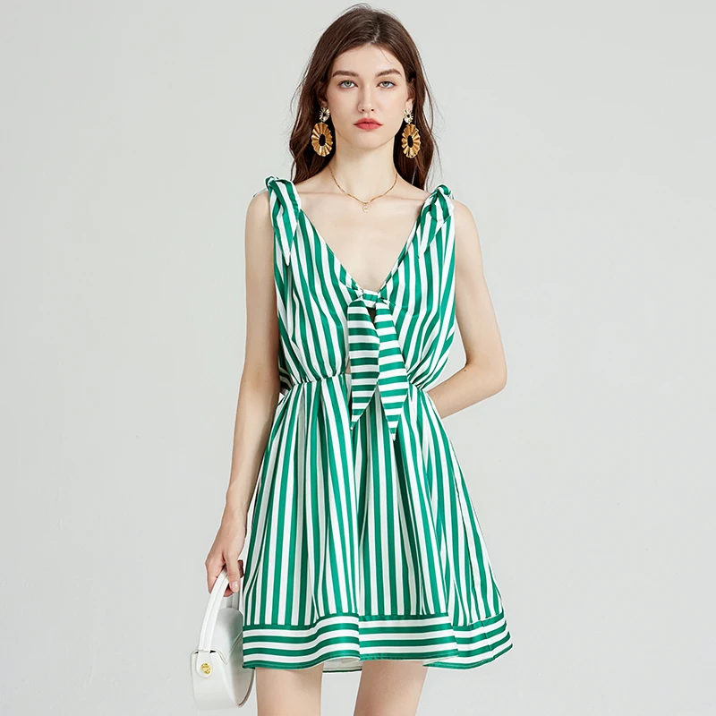 

Bohemian Autumn Beach Holiday Mini Dress Women's V Neck Sleeveless Tank Backless Bow Green White Striped Print Vacation Dresses