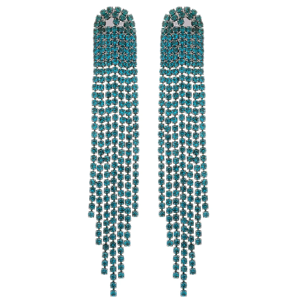 Ztech Korean Fashion Classic Style Long Crystal Link Tassel Earrings For Women Blue/Green/Pink Popular Color Statement Jewelry