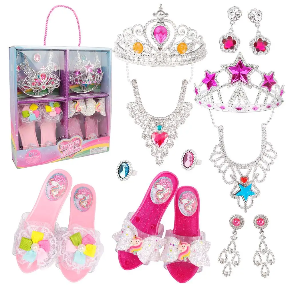 Dress Up Toy Girl Glass Slipper Necklace Earrings Toy Jewelry Set Gift Box for Birthday/Halloween/Chrismas princess pretend toys