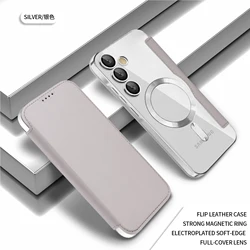 Magnetic Faux Leather Flip Phone Case with Card Slot and Lens Protection - Anti - Drop Full Coverage - Galaxy S23 Ultra (Silver Gray)