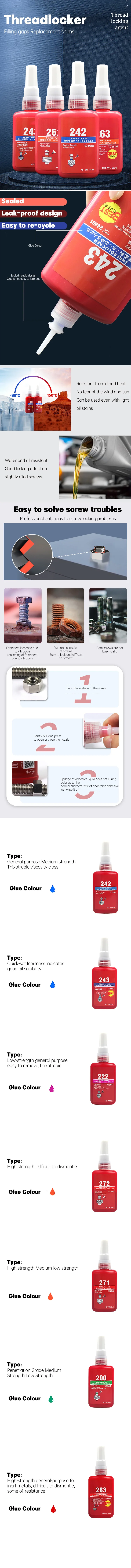 50ml Threadlocker Quick Drying Screw Locking Agent 242 243 272 Thread Lock Fluid Strong Anti-slip Thread Fastening Adhesive