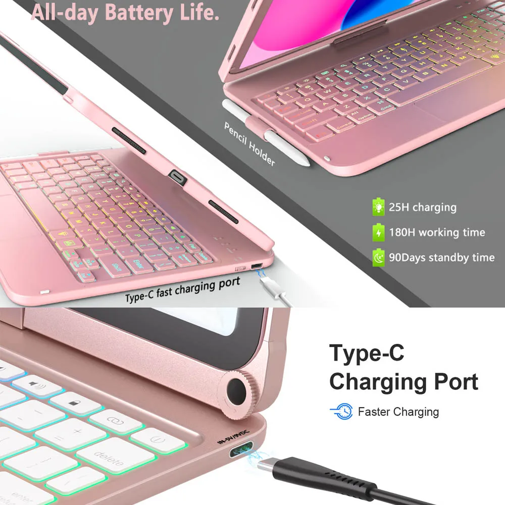 para Ipad 10th 10.9 Polegada Case de Teclado Mágico para Ipad 10th Geração 10.9 A2696 A2757 A2777 360 ° Teclado Retroiluminado Rotativo Capa - Imagem 3