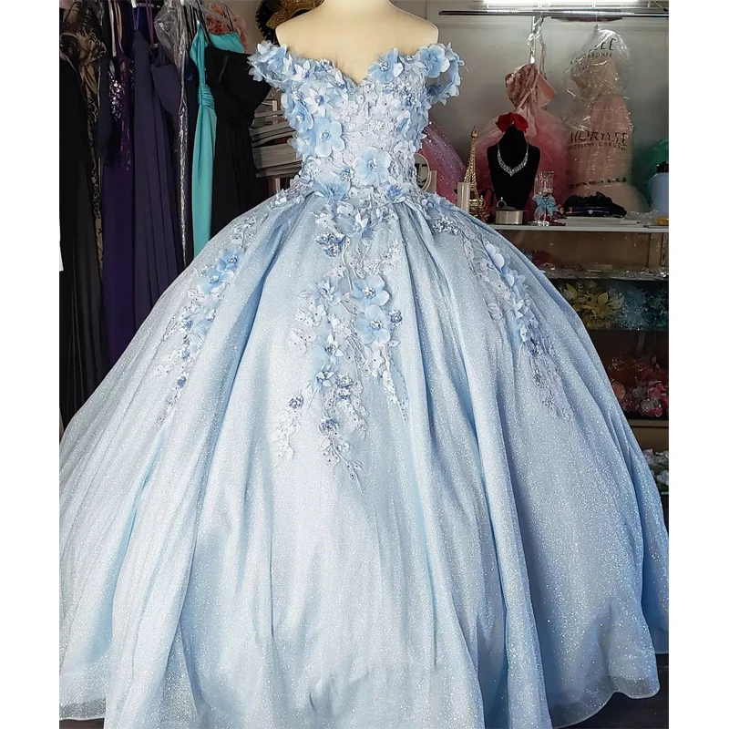 

2024 небесно-голубые платья для Quinceanera, бальное платье с бисером, платья с 3 цветами, 15-й день рождения, конфетное платье принцессы 16