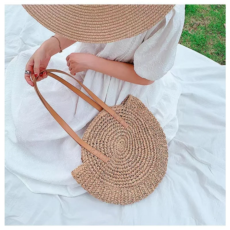 2023 New Summer Round Straw Rattan Bag Casual Handmade Woven Beach Totes Female Large Capacity Shoulder Bags Travel Handbag