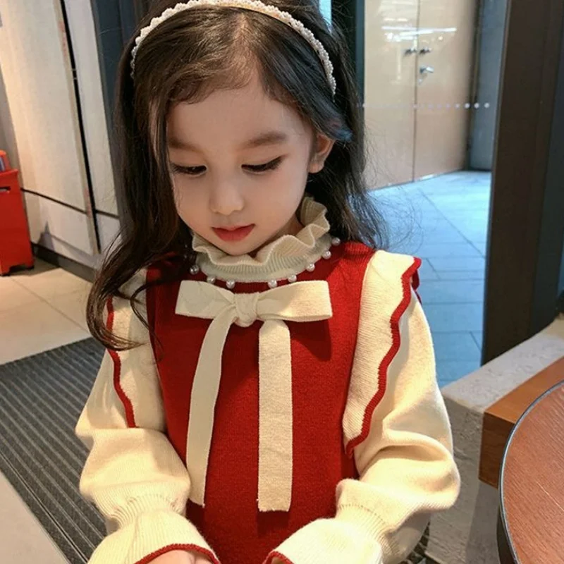 

Свитер для девочек, шерстяное пальто, детские топы, вязаный утепленный теплый осенне-зимний школьный пуловер с бантом 2023, детская одежда
