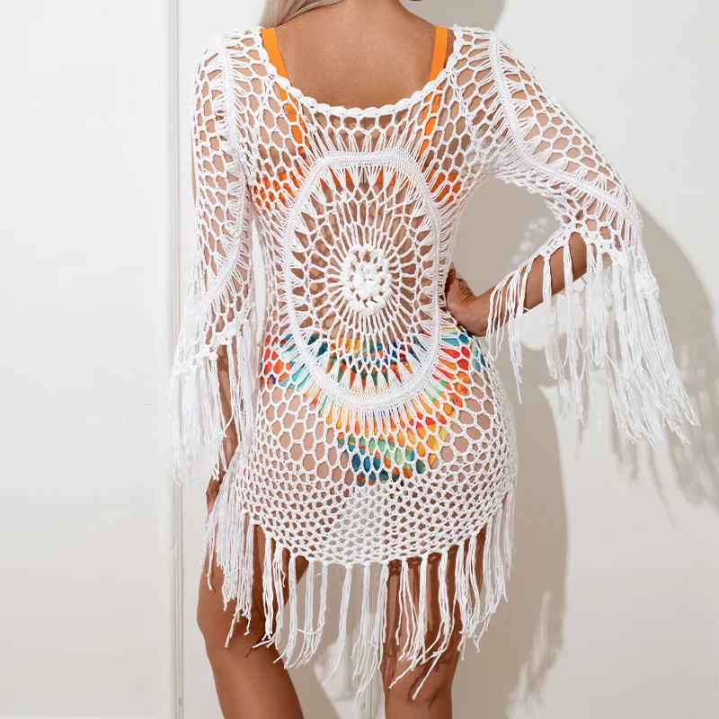 One-piece Swimsuit Bikini Cover Up Swimwear Women White Beachwear Long Sleeve Bikini Knit Beach Cowl Hand Crochet Knit Dress