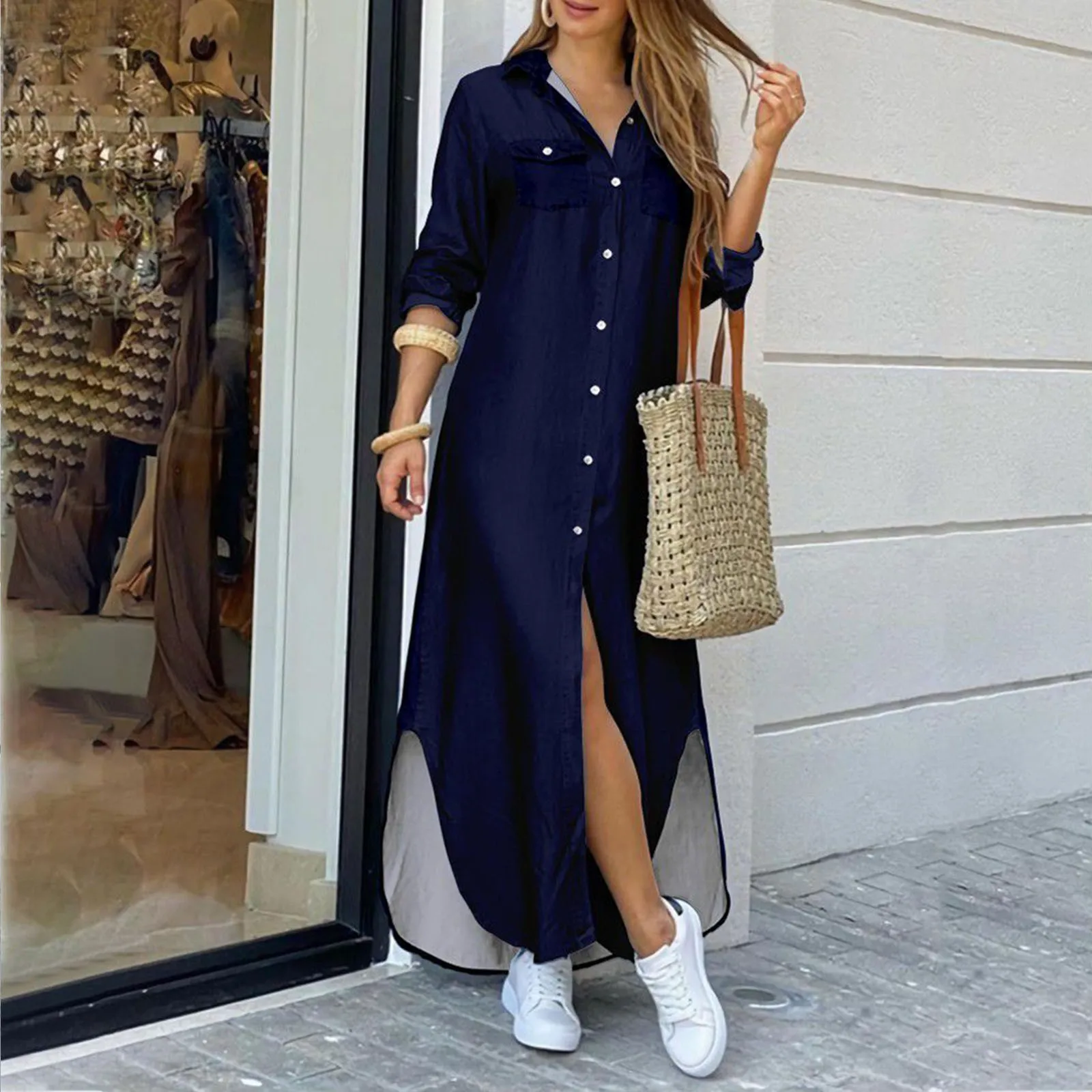 

Summer Fashion Elegant Shirt Dress Women 2023 Print Long Sleeve Button Ladies Office Holiday Casual Clothing Female Maxi Dress