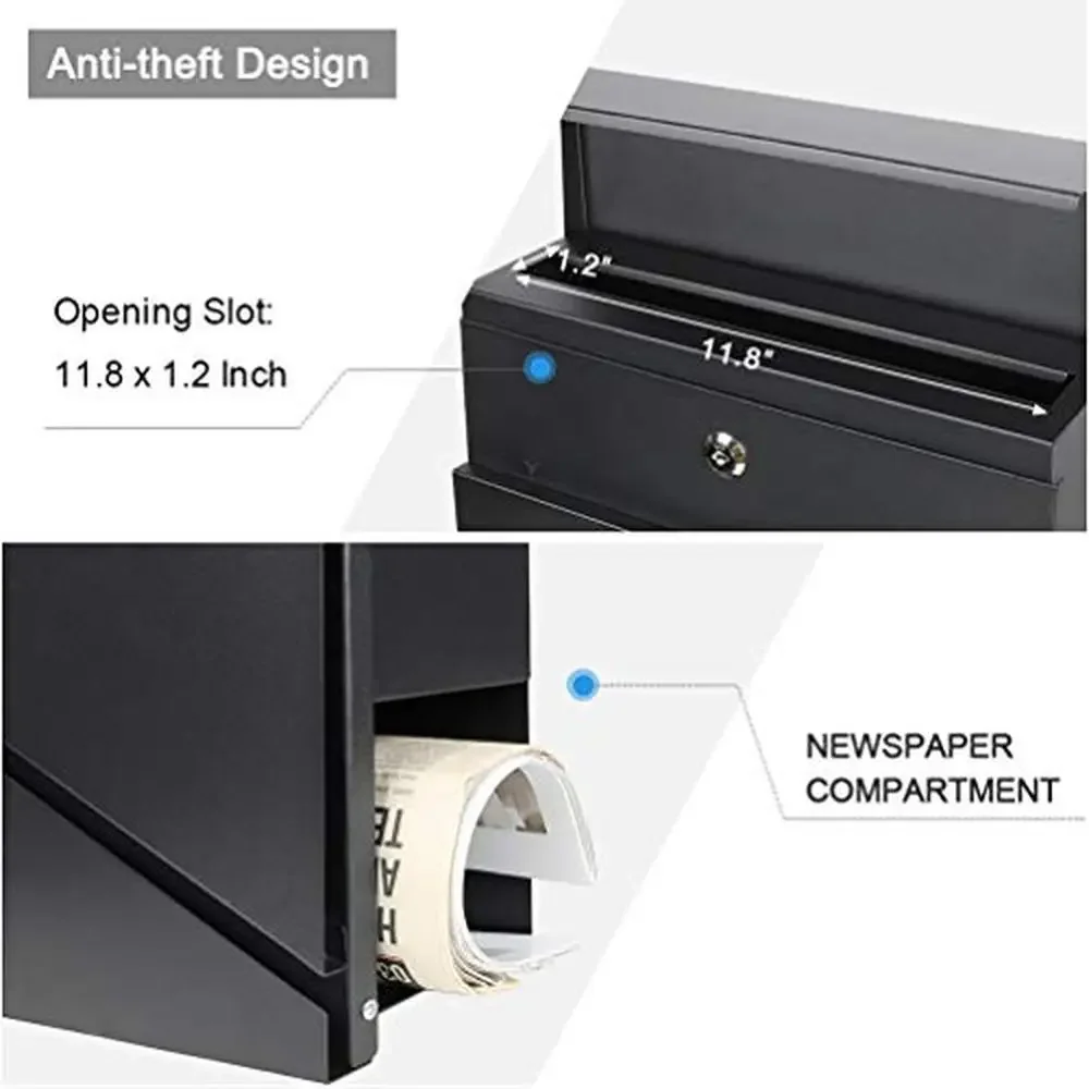 Lockable Wall Mounted Mailbox with Large Capacity and Newspaper Bucket Durable Alloy Steel Construction Waterproof Cover Black