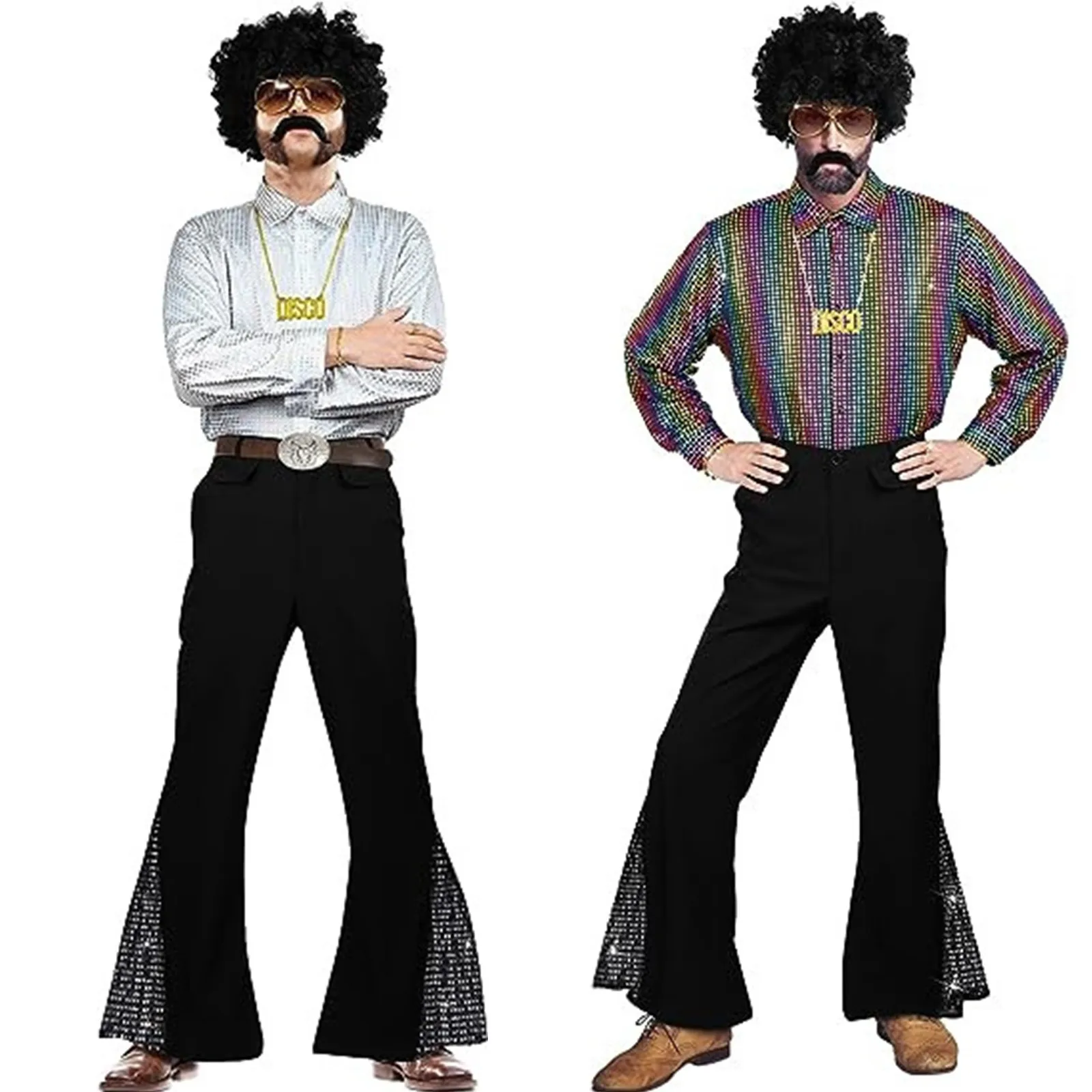 

Брюки-клеш в стиле ретро для мужчин, винтажный костюм для Хэллоуина, карнавала, дискотеки, с блестками на подоле, 60-х годов
