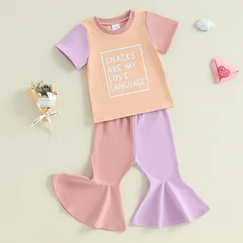 Adorable Baby Girl Summer Clothes Short Sleeve Round Neck Graphic Tee Colorful Flared Trousers 2 Piece Outfit Set 4