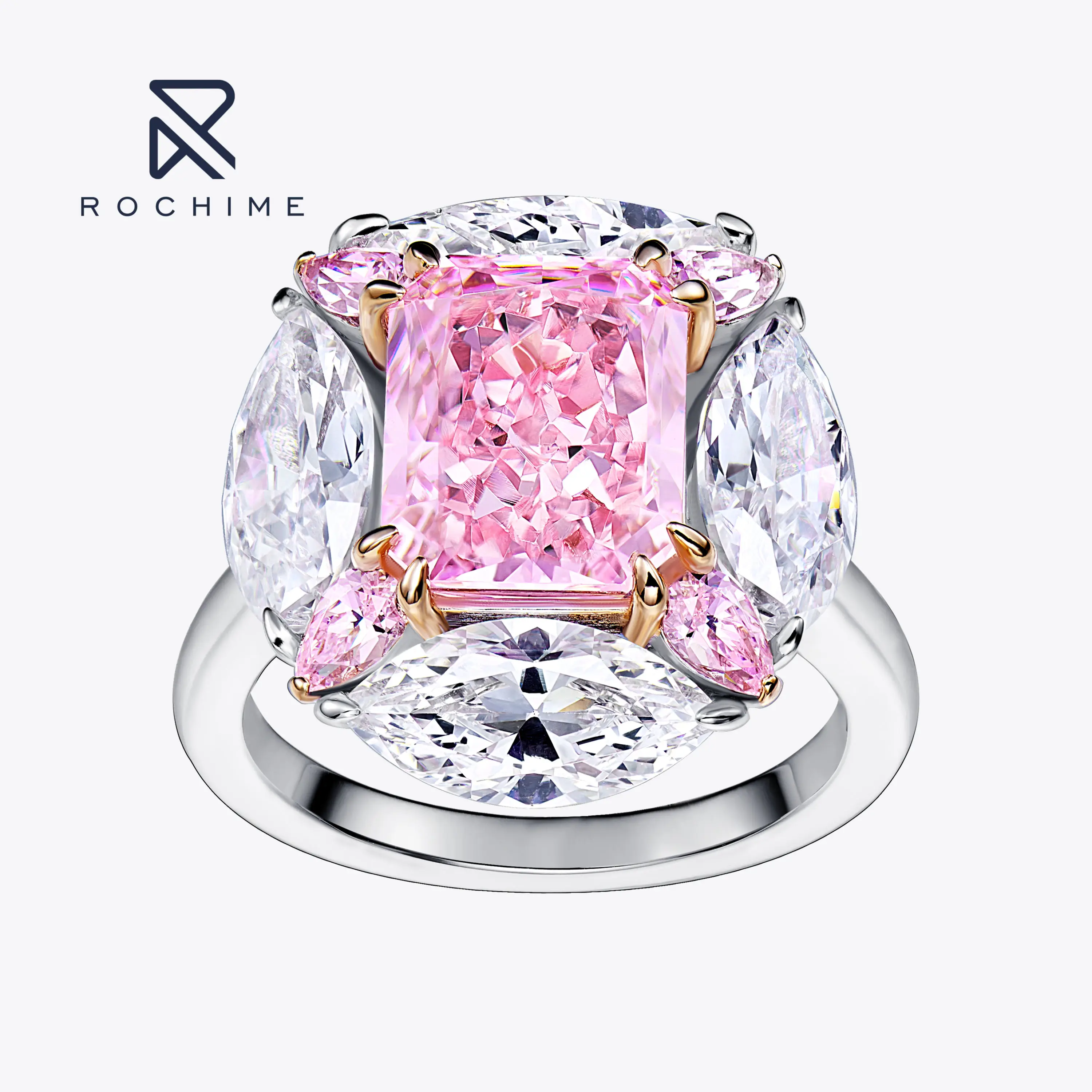 

Rochime Fashion High Quality Radiant Cut Pink Gemstone Ring 925 Sterling Silver Gold Plated 5a Zircon Trendy Jewelry For Women