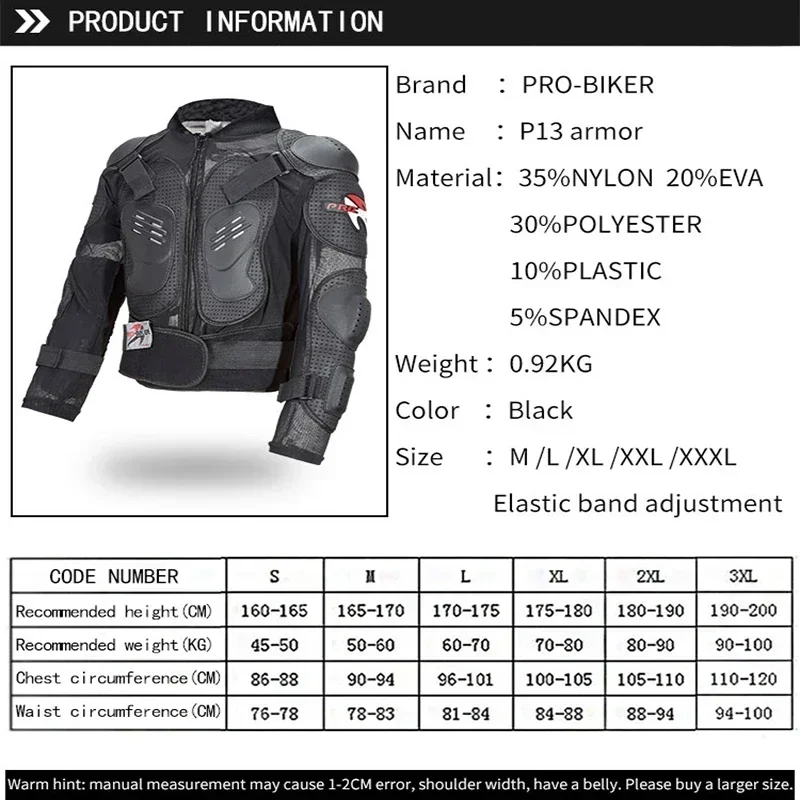 PRO-BIKER Motorcycle Off Road jacket MTB Armor Armour jacket Full Body Armor Motorcross Scooter Protector Gear Jackets