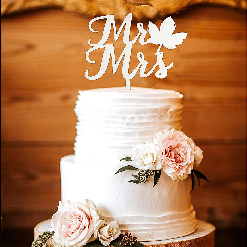

Топпер для торта Mr & Mrs с Кленовым листом, с монограммой для свадебного торжества, юбилея, акриловые украшения, подарки, сувениры