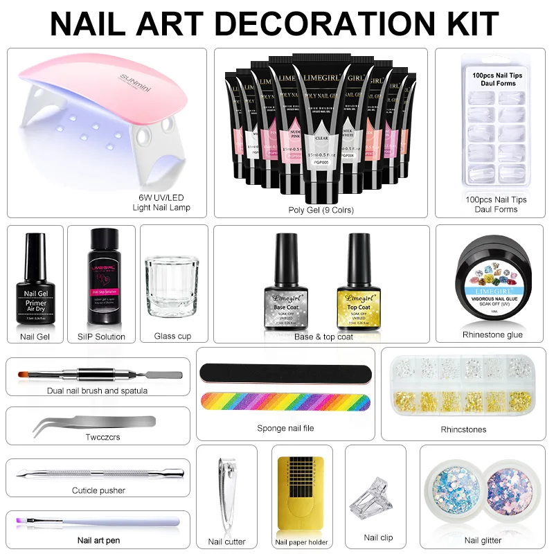 LIMEGIRL 15ml Nail Art Gel Kit UV Soak Primer Acrylic Solution Gel Manicure Kit with Mini LED Light Nail Quick Extension Tool 6