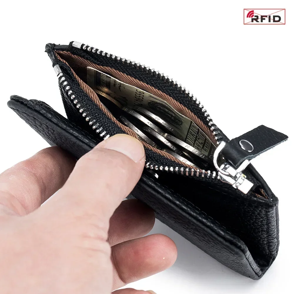  가죽 RFID 단지갑 카드홀더 가방, 휴대용 소가죽 소형 지퍼 돈 동전 지갑, 남성 여성 이어폰 파우치