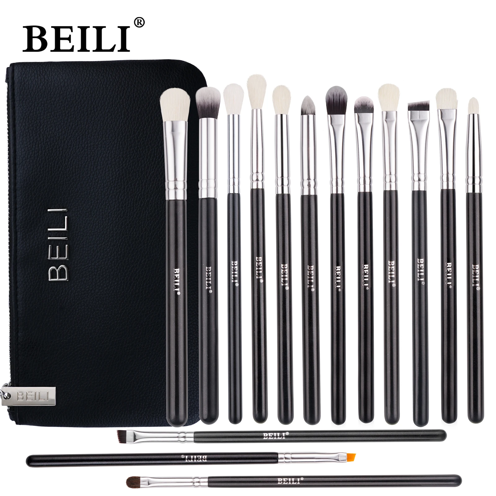 BEILI Black Makeup Brushes 15Pcs Goat Hair eyebrow Eyeshadow Eyeliner Blending brush set With Bag High Quality Professional