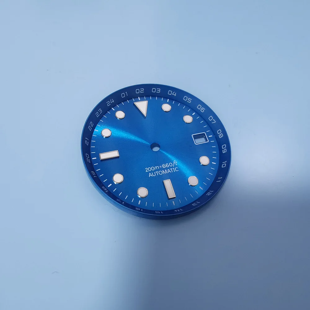 Mod 28.5mm Green Luminous Sunburst Blue Watch Dial With 24 Hours Index