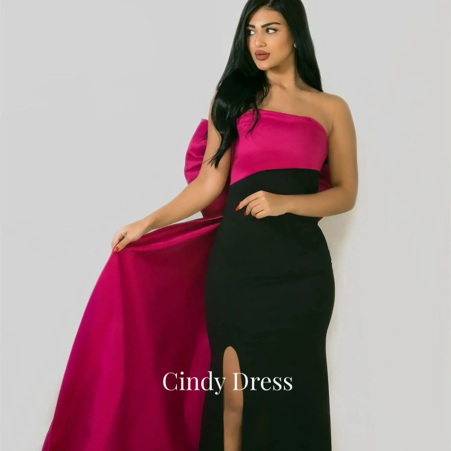 

Cindy Two Colors Elegant Evening Dress for Women 2024 Woman's Satin Women's Luxurious Dresses Splicing Suitable Request Bow Tie