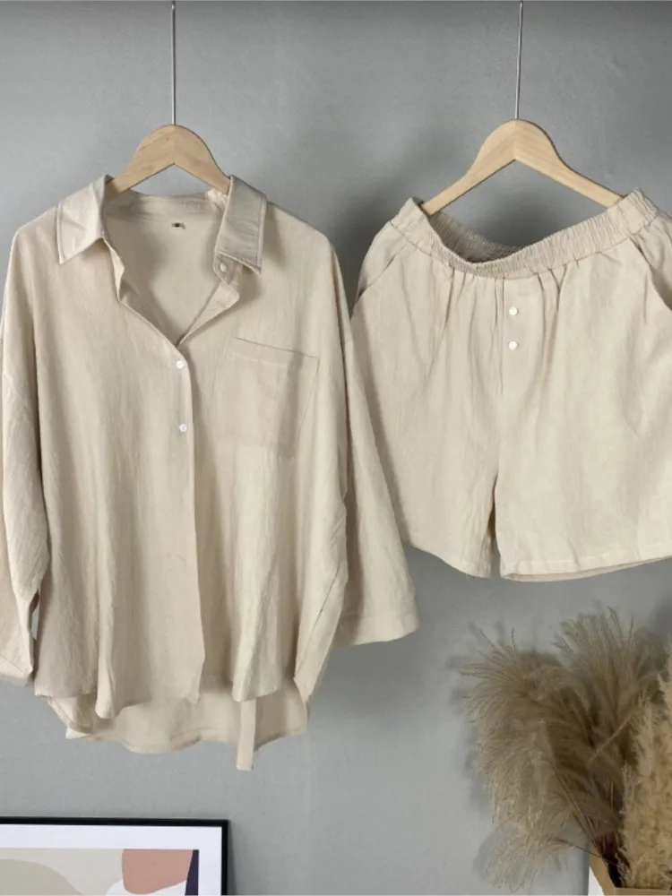 

Fashion Long Sleeve Shirt And Shorts Two Piece Sets 2024 Woman Spring Summer Cotton Linen Casual Home 2 Piece Set For Women