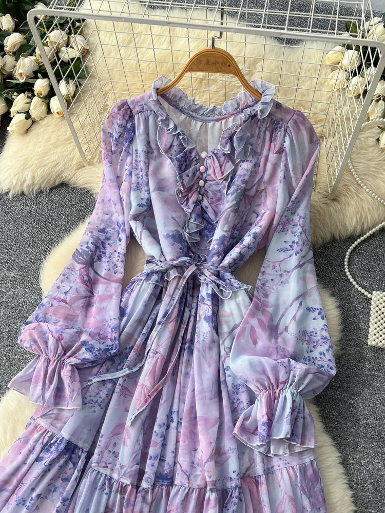 Abito Maxi Donna - Maniche Lunghe, Scollo a V, Elegante e Fluido, Look