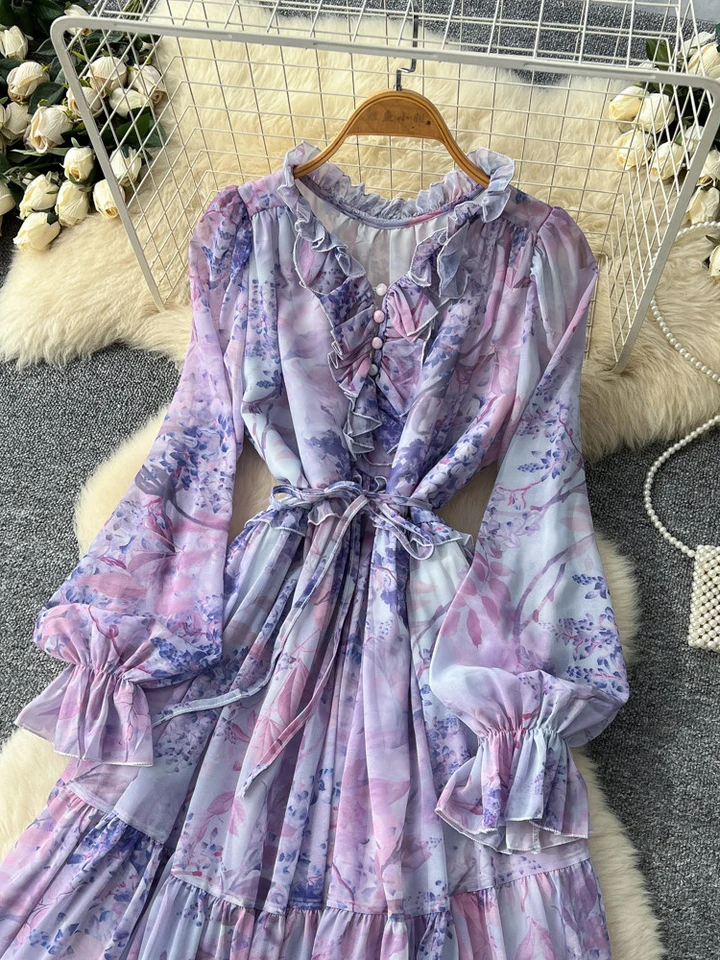 Maxi abito da donna in chiffon, a maniche lunghe, con scollo a