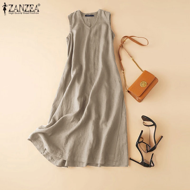 ZANZEA 2025 Sommer Ärmelloses Kleid Frau Mode V Neck Solide Sommerkleid Beiläufige Lose Party Vestidos De Mujer Vintage Rob_voghion.com