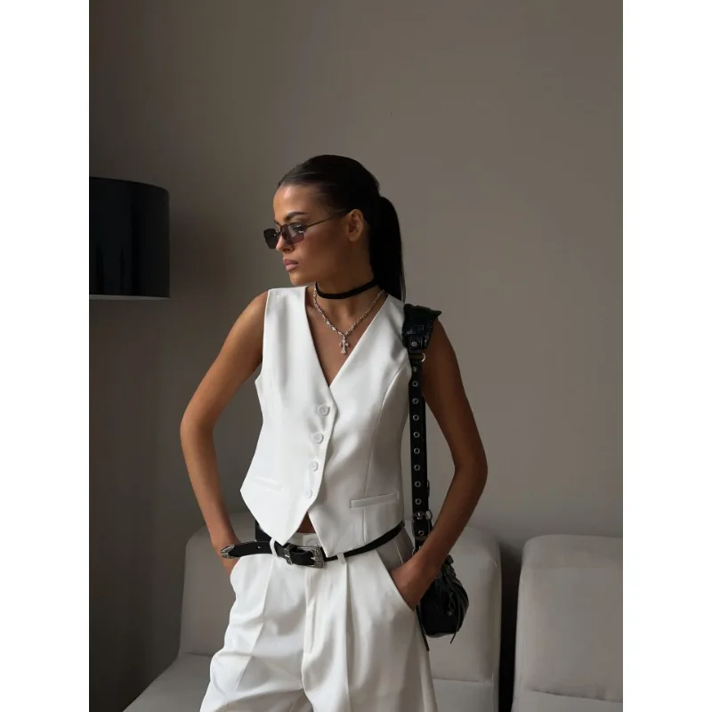 V-Neck Sleeveless Female 2 Piece-Set Casual Slim Straight Trousers Pocket Solid High Street Outfits Fashion Shorts Sets