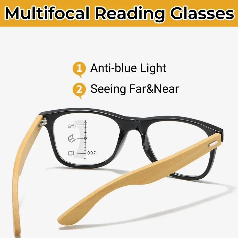 Men Women's Trendy Multifocal Reading Glasses Wooden Blue Light Blocking Near Far Eyewear Progressive Presbyopia Eyeglasses 5