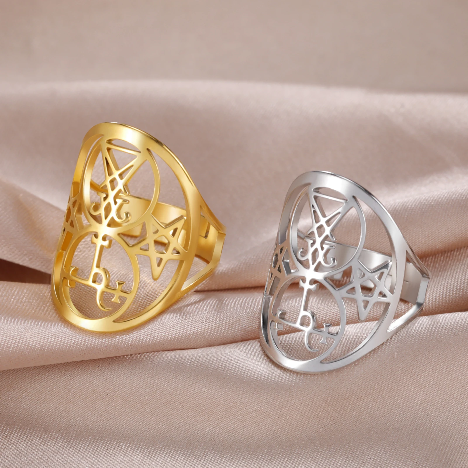 Enchanting Geometric Ring with Lucifer Sigil and Lilith Protection in Stainless Steel Jewelry