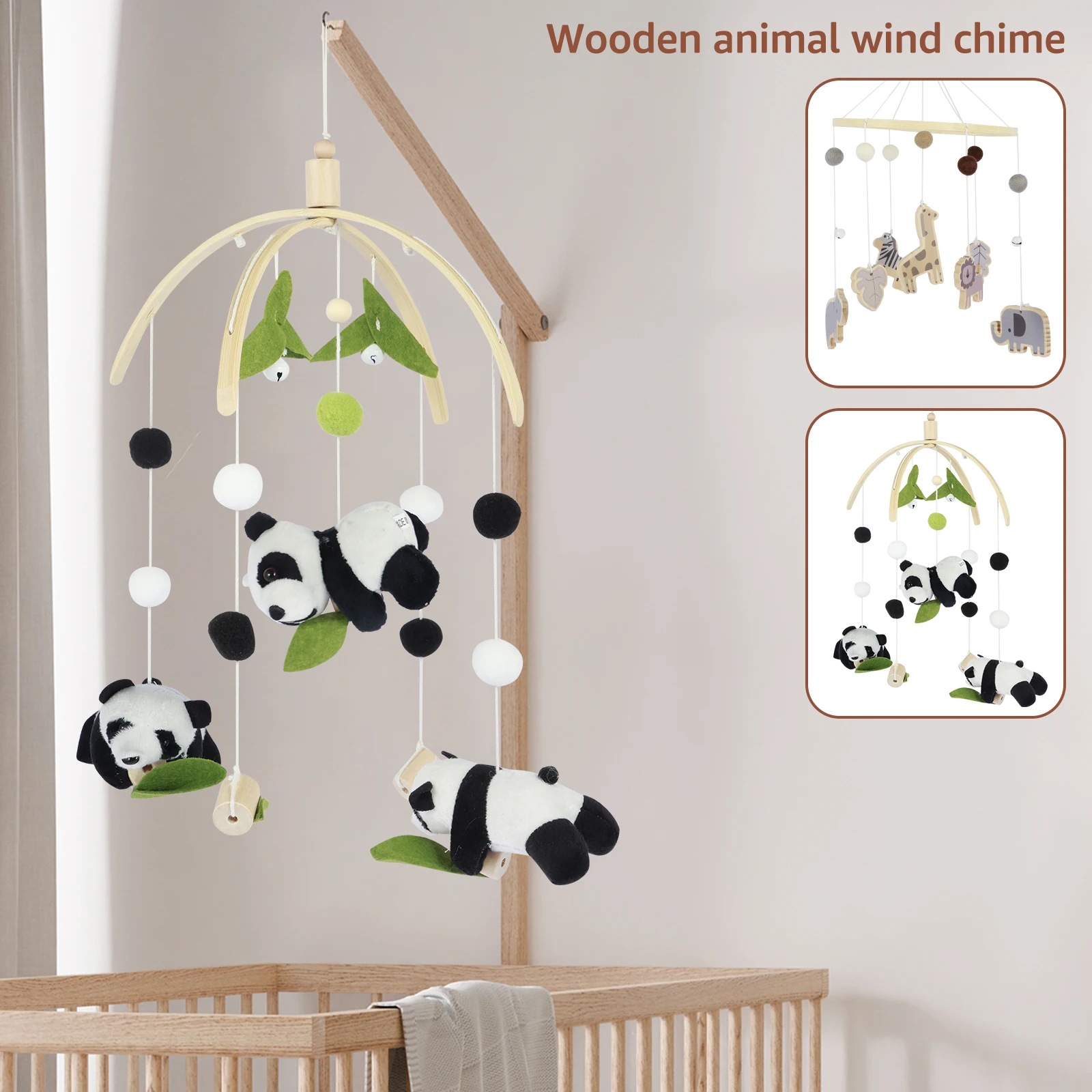 Animals Baby Crib Mobile Wooden Hanging Baby Bed Bell Handmade Wildlife Nursery Mobile Soft Wooden Bed Bell Toy Cot Bed Pendant