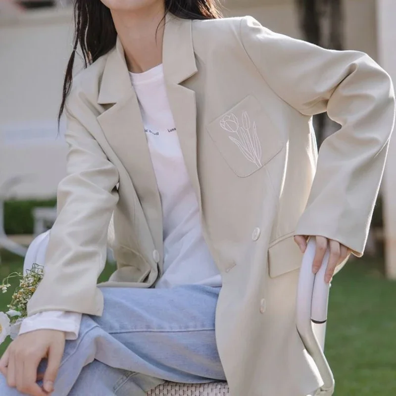 DAYIFUN Casual Blazers Women's Spring Autumn 2024 New Solid Color Long Sleeved Suit Jacket Hong Kong Style High-end Feeling Tops